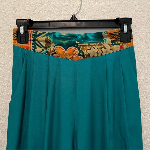 Vintage 80s 2 Piece Set Top Pants Teal Hawaiian Print Trim High Waisted Pleated - Picture 10 of 15